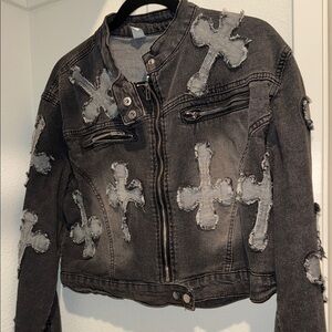 Distressed Black Denim Jacket with Cross Patches